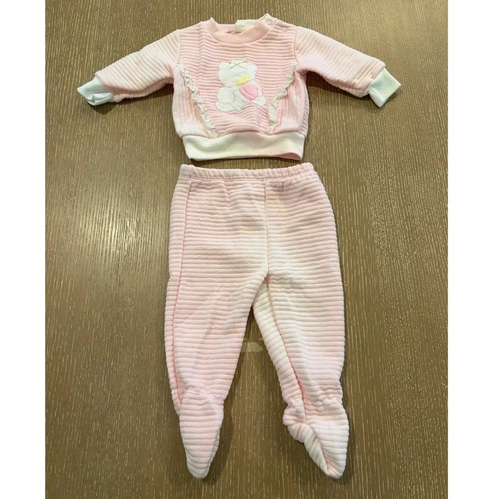 Vintage Baby Girl 3-6 Months Pink Teddy Bear 2 Piece Quilted Outfit Footed Pants